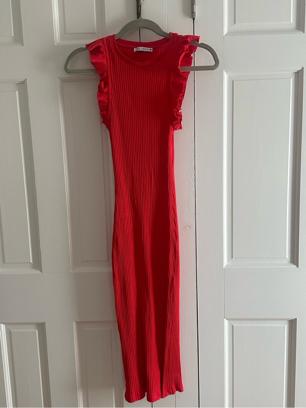 Zara Vibrant Red/ orange Ribbed Maxi Dress with Ruffle Sleeves